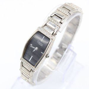 Caravelle By Bulova Watch Womens Silver Tone Rhinestones Black Rectangular Dial